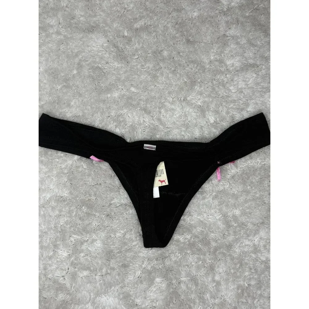 Victoria’s Secret PINK Black Low Rise Thong Bow Detail XS 07/11 NWT